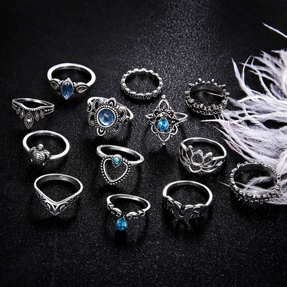 Last 1!🔹13pc. Boho Vintage Silver Stone Ring Set - Picture 5 of 8